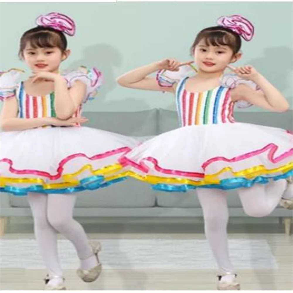 

Seven colors-rainbow Kids Classic Professional Ballet Tutu Children's sequins chorus dress Chorus costumes Princess gauze skirt