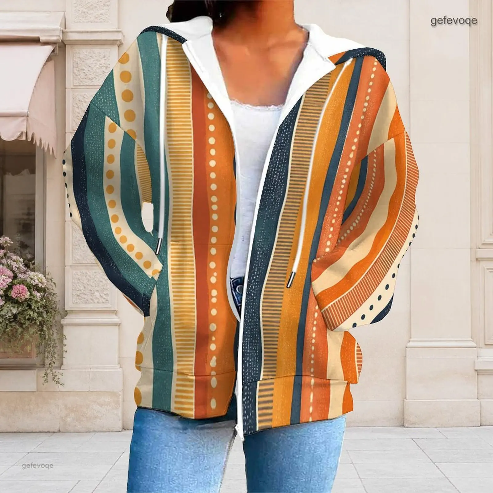 Women Abstract Blob Printed Zip Up Long Sleeve Hoodie with Drawstring Hood and Pockets