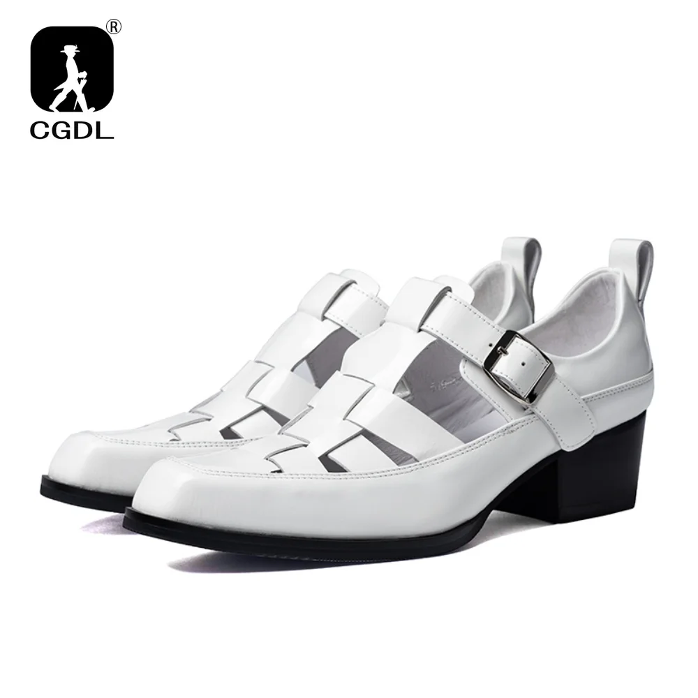 2025 Estate Nuovo Bianco 6CM Sandali gladiatore col tacco alto Punta quadrata da uomo Hollow Roman Shoe Vera pelle Aumenta l'altezza Tendenza