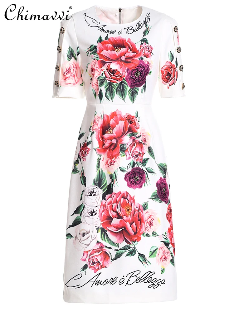 

Summer New High-End Rose Print Mid-Sleeve Waist-Cinching Mid-Length Dress Fashion Round Neck Slim Elegant Retro Women's Dress