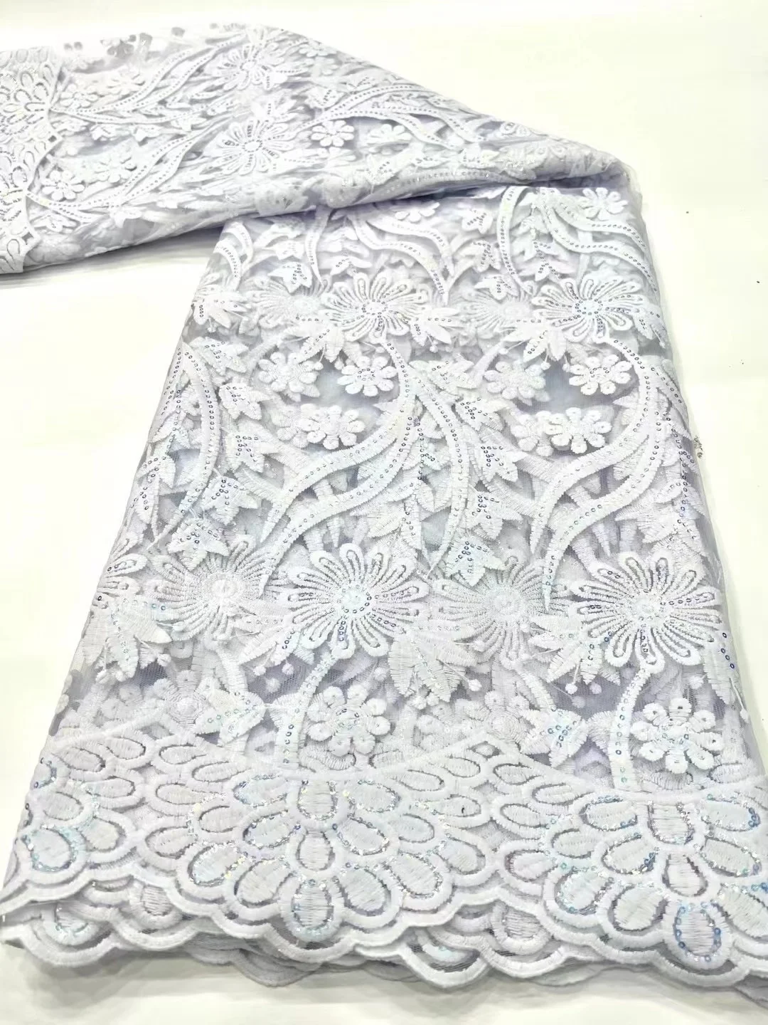 

White New Design Sequin Lace Fabric Luxury Mesh Lace Embroidery French Nigerian Tulle Lace Fabric For Wedding Party Dresses