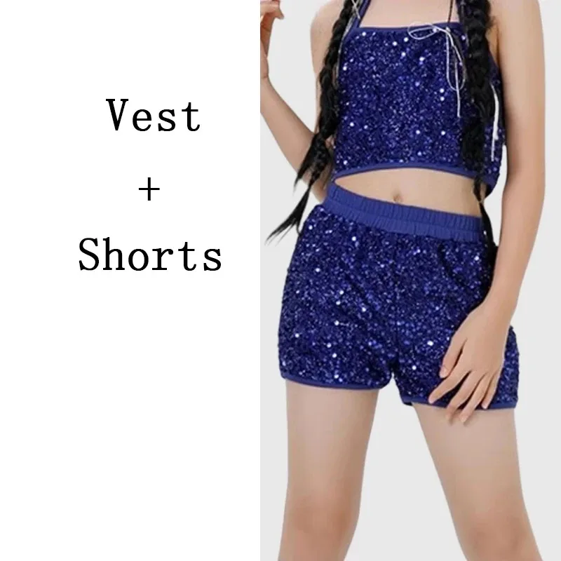 Kid Street Dance Costume Jazz Clothing Blue Sequins Kpop Outfit For Girls Hip Hop Dance Clothes Stage Catwalk Rave Wear XS9031