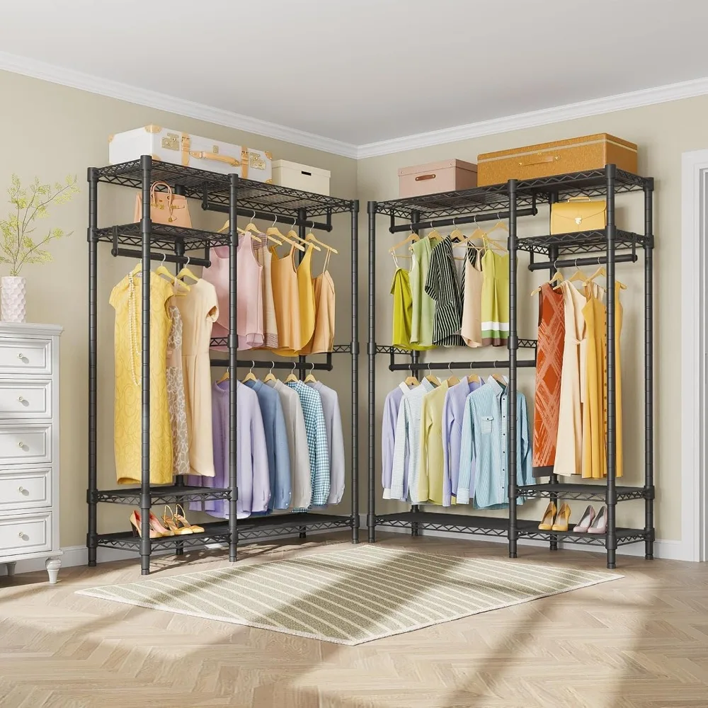 Robuster, freistehender 4-stufiger Drahtregal-Schrank-Organizer mit 3 Hängestangen für Kleidung