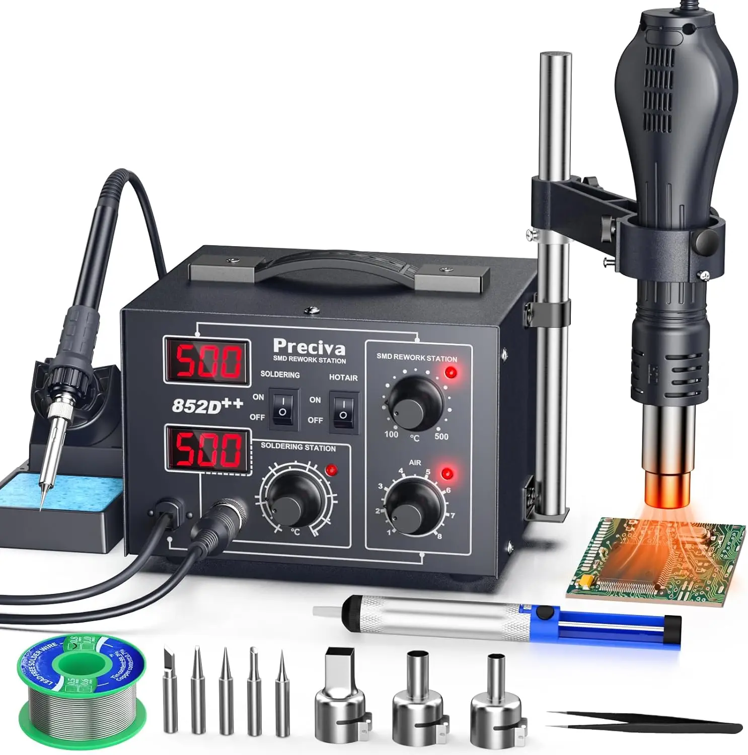 

852D++ 2-in-1 Hot Air Soldering Station, Adjustable Holder for Electronics Repair, Auto Sleep & Calibration