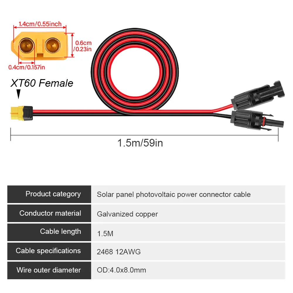 0.6M/1.6M Solar Charge Cable XT60 Adapter to Solar Male Female Connector Extension Wire 12AWG for Battery Pack