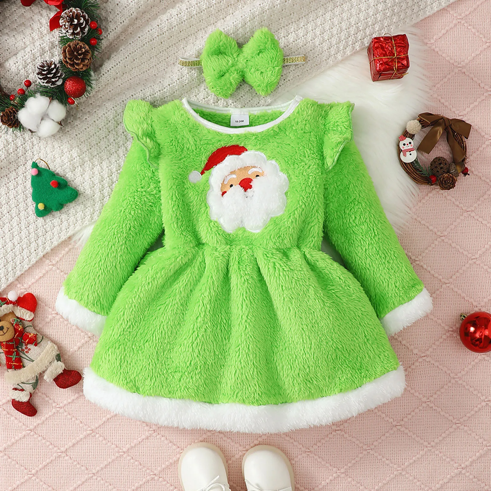 Toddler Baby Girls Christmas Dress Winter Warm Long Sleeve Round Neck Santa Embroider Cartoon Pattern Fleece Dress Bow Headband