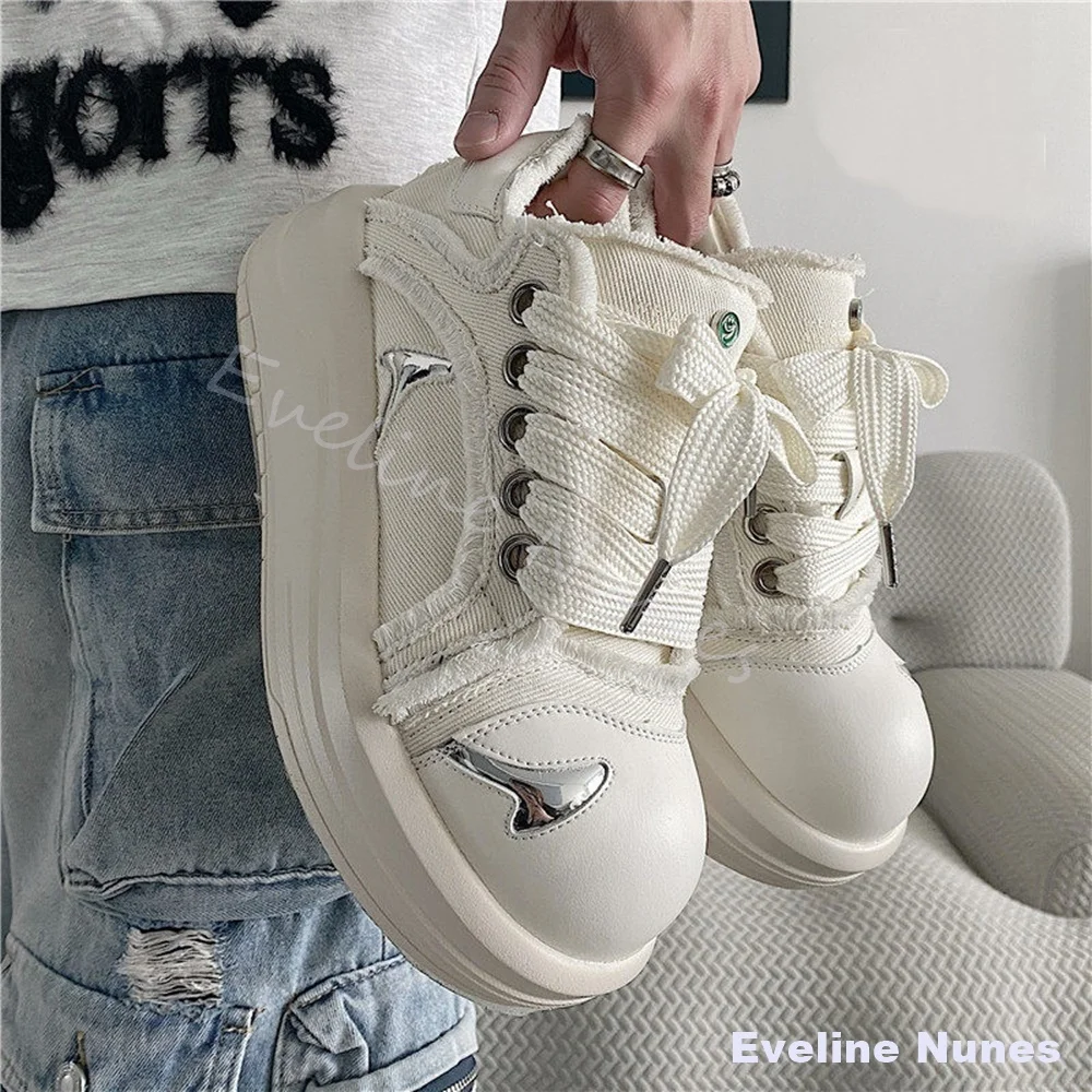 Fringe Canvas Skate Sneakers Men Silver Metal Heart Multi Shoelace Chunky Platform Shoes 2026 New Streetwear Casual Walking Flat