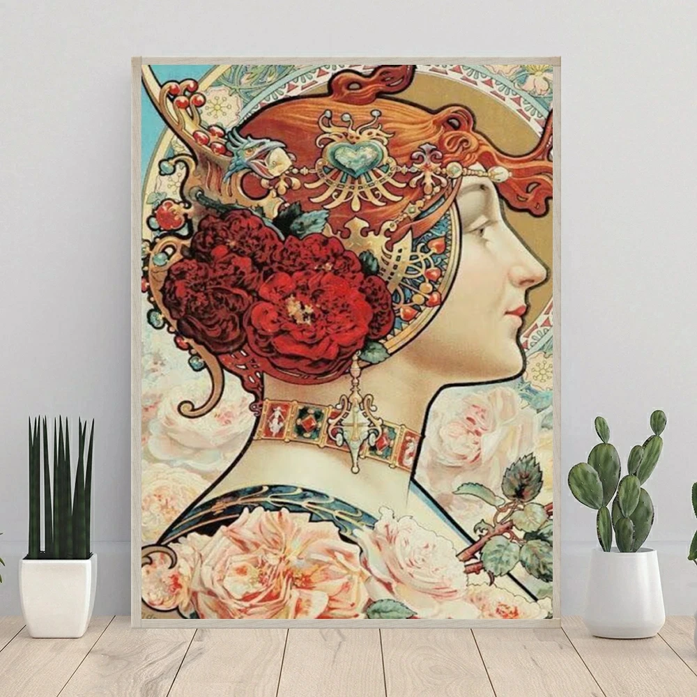 Alphonse Mucha 5D obraz diamentowy DIY haft Vintage piękno Nouveau kobieta ścieg krzyżykowy obraz mozaikowy rękodzieło Home Decor