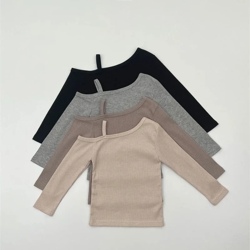 

Весенне-осенняя футболка для девочек, корейская трикотажная футболка нестандартной формы с открытыми плечами, облегающая детская одежда, рубашка от 2 до 12 лет