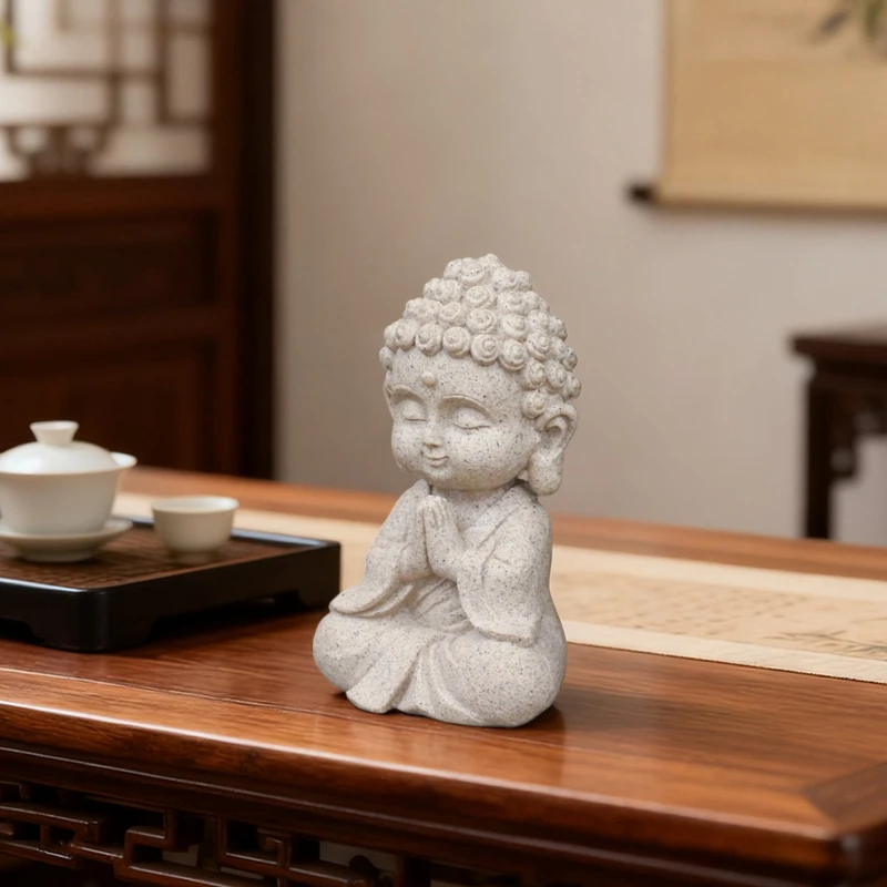 Zen Inspired Little Monk Buddha Carvings Imitation Sandstone Resin Crafts Home Tea Table Decorations