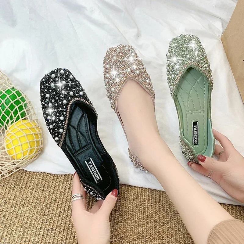 

Glitter Crystal Pearl Studs Ballet Shoes Women Square Toe Slip on Loafers Cozy Shallow Cut-out Ballerina Flats Moccasins Female