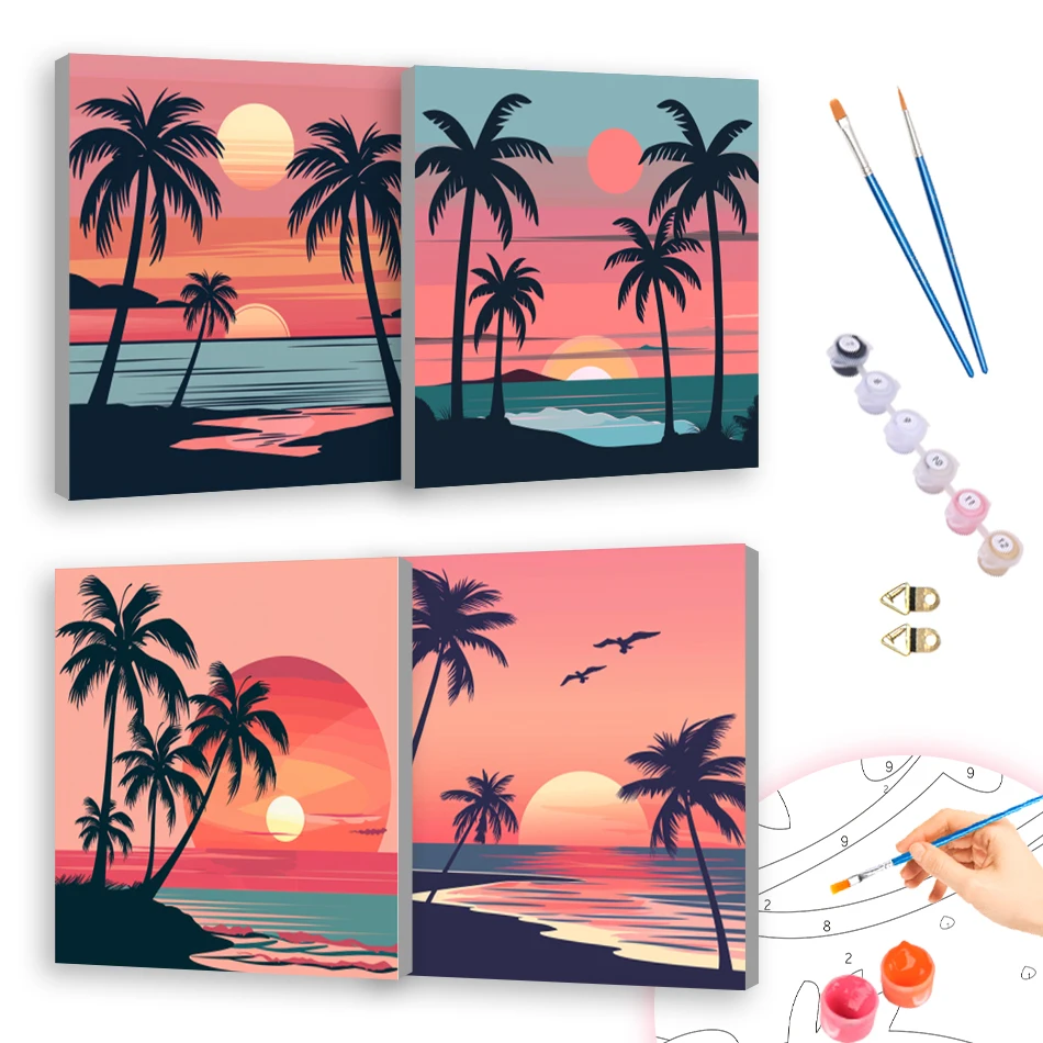 

RUOPOTY Oil Painting By Numbers Color Markers Handmade 20x20cm ready Frame Seaside sunset scenery For Beginner Simple Canvas Set