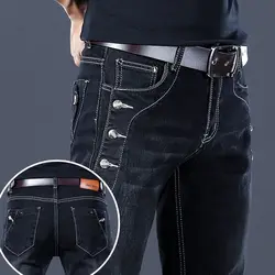 Moda lüks giyim tasarımcısı yıkanmış erkek Slim Fit Denim kot gündelik giyim sonbahar streç şık öğrenciler için uzun pantolon
