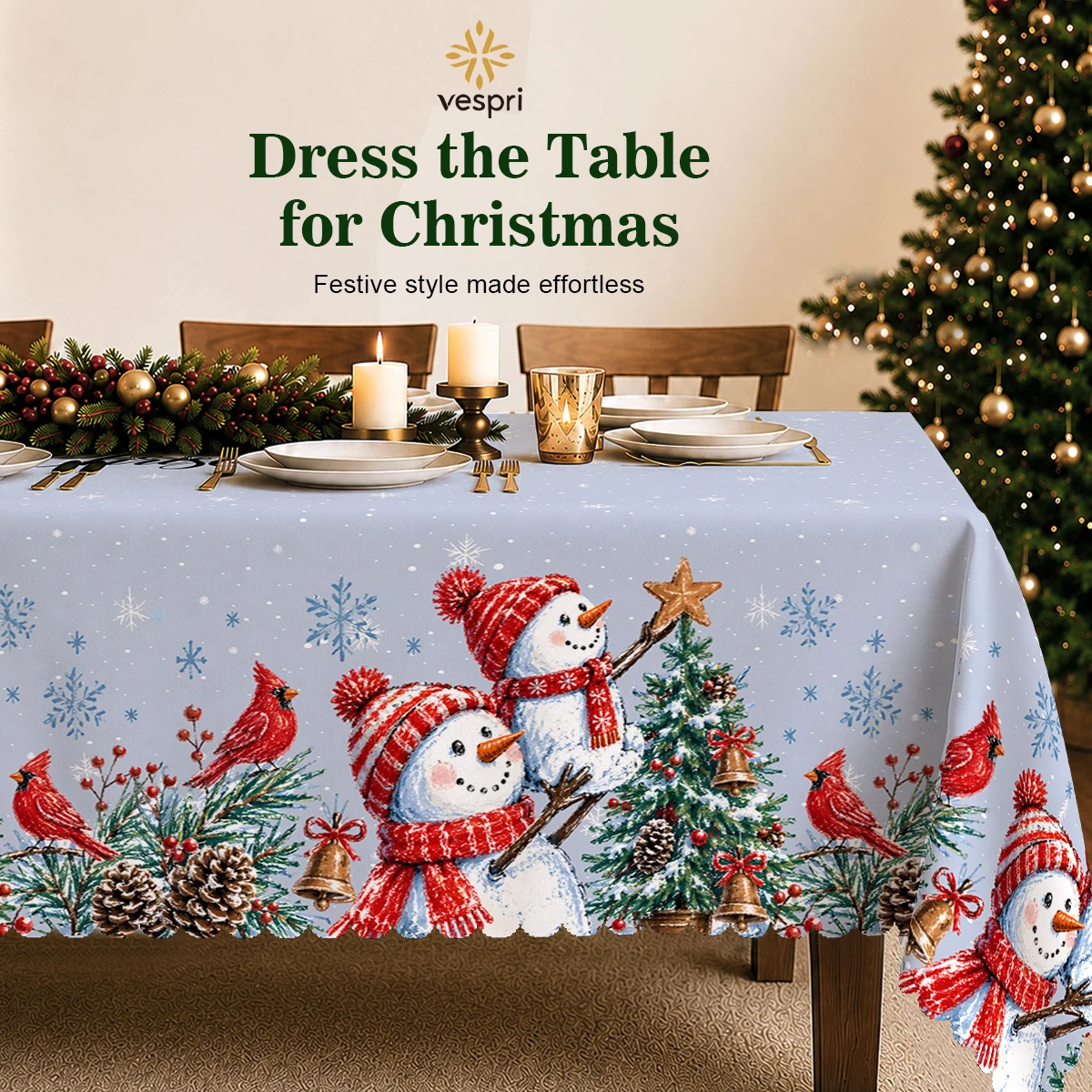 Woodland Tablecloth with Snowmen, Cardinals & Santa for Indoor/Outdoor Camping decor, Rectangular/Round/Oval