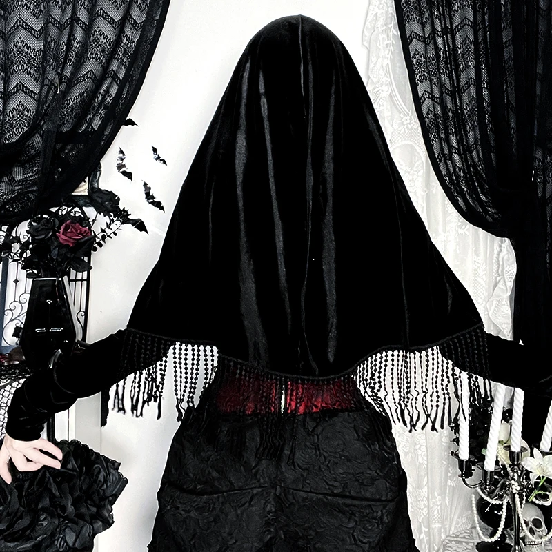 Gothic Black Velvet Rose Lace Trim Tassels Hooded Smock Vintage Aesthetic Short Cloak for Women Autumn Halloween Party Cosplay