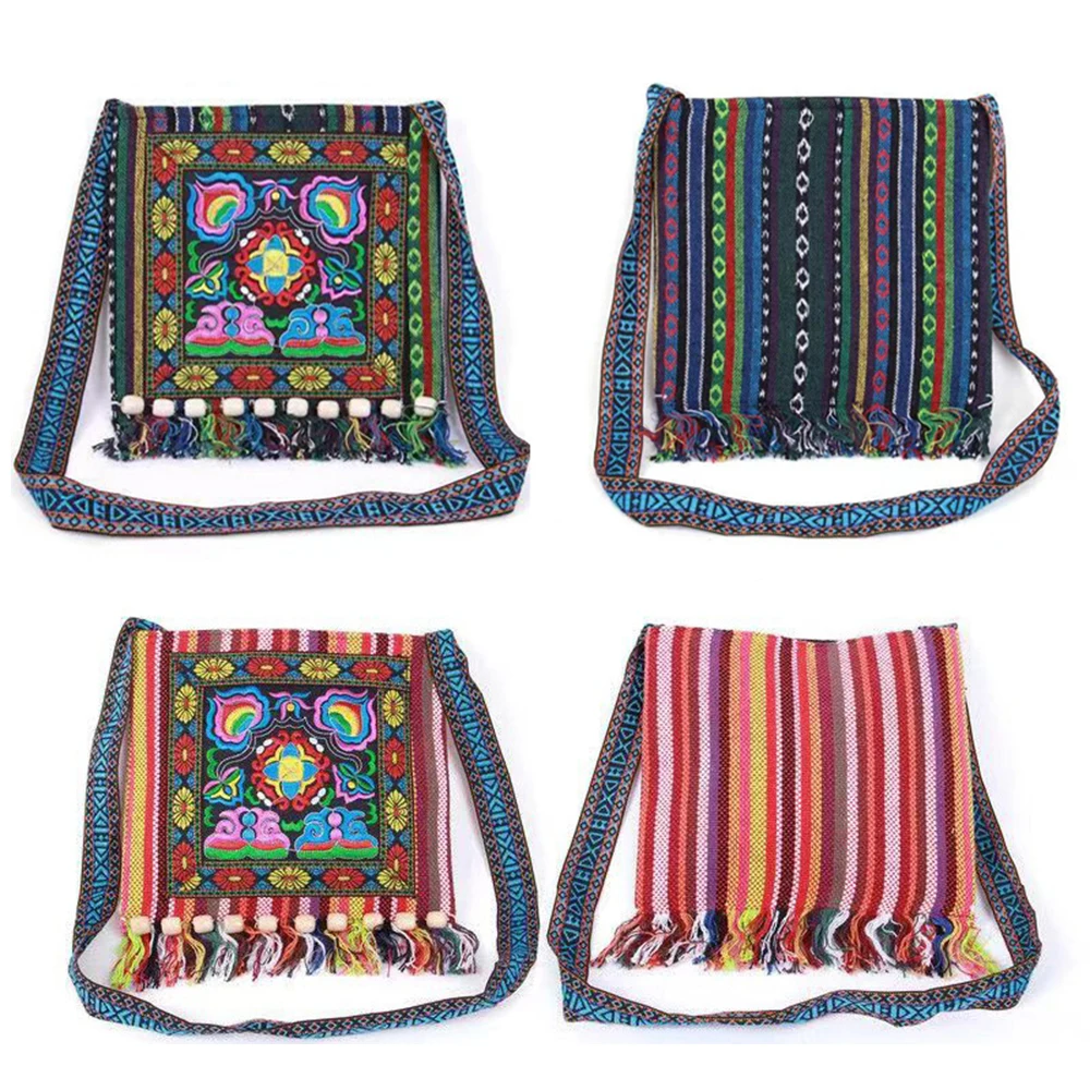 Ethnic style embroidered bag, tassel bead bag, embroidered linen shoulder crossbody bag, vintage hand woven bag