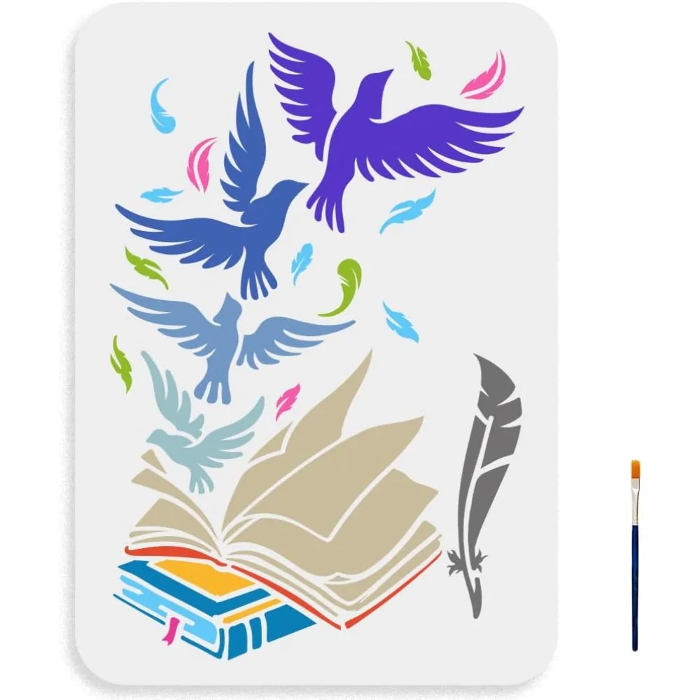 

1Bag Book and Bird Stencil 11.7×8.3inch Large Stacked Book Flying Birds Stencil with Paint Brush Reusable Quill Book Drawing