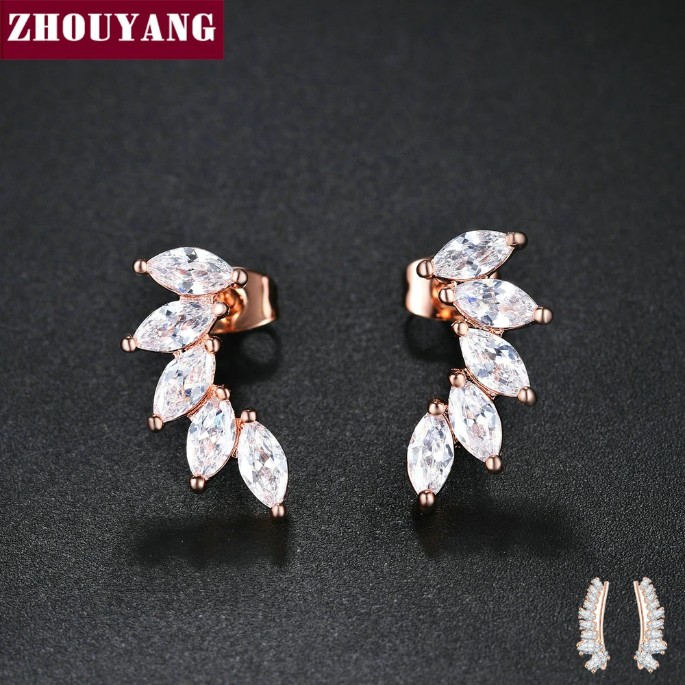 ZHOUYANG Stud Earrings For Women Cubic Zirconia Angel Wings RoseGold Color / Silver Color Fashion Jewelry KC164 KC165 KC173