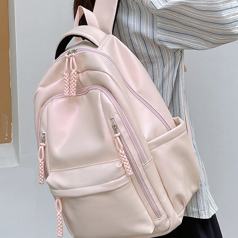 

Simple Backpack PU Leather Double Shoulder Bag Women's Casual Daypack Travel Computer Bag Middle School Studen
