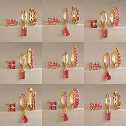 3PCS Luxury Rose Red Zircon Square Earring Set for Women Fashion Stainless Steel Geometric Pendant Hoop Earring Piercing Jewelry