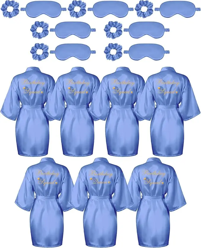 21 Pcs Women Birthday Party Robe Set Queen Squad Kimono Satin Bathrobes with Eye Mask and Scrunchie for Birthday