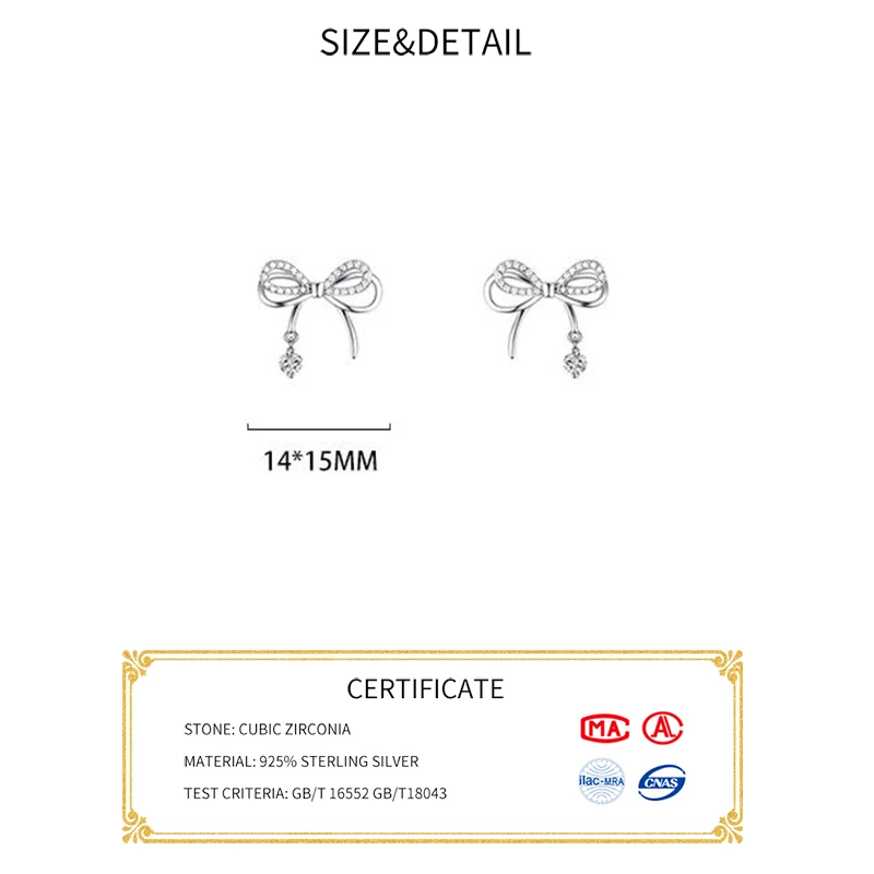 INZATT Real 925 Sterling Silver Zircon Bowknot Stud Earrings For Fashion Women Classic Fine Jewelry Minimalist Bijoux