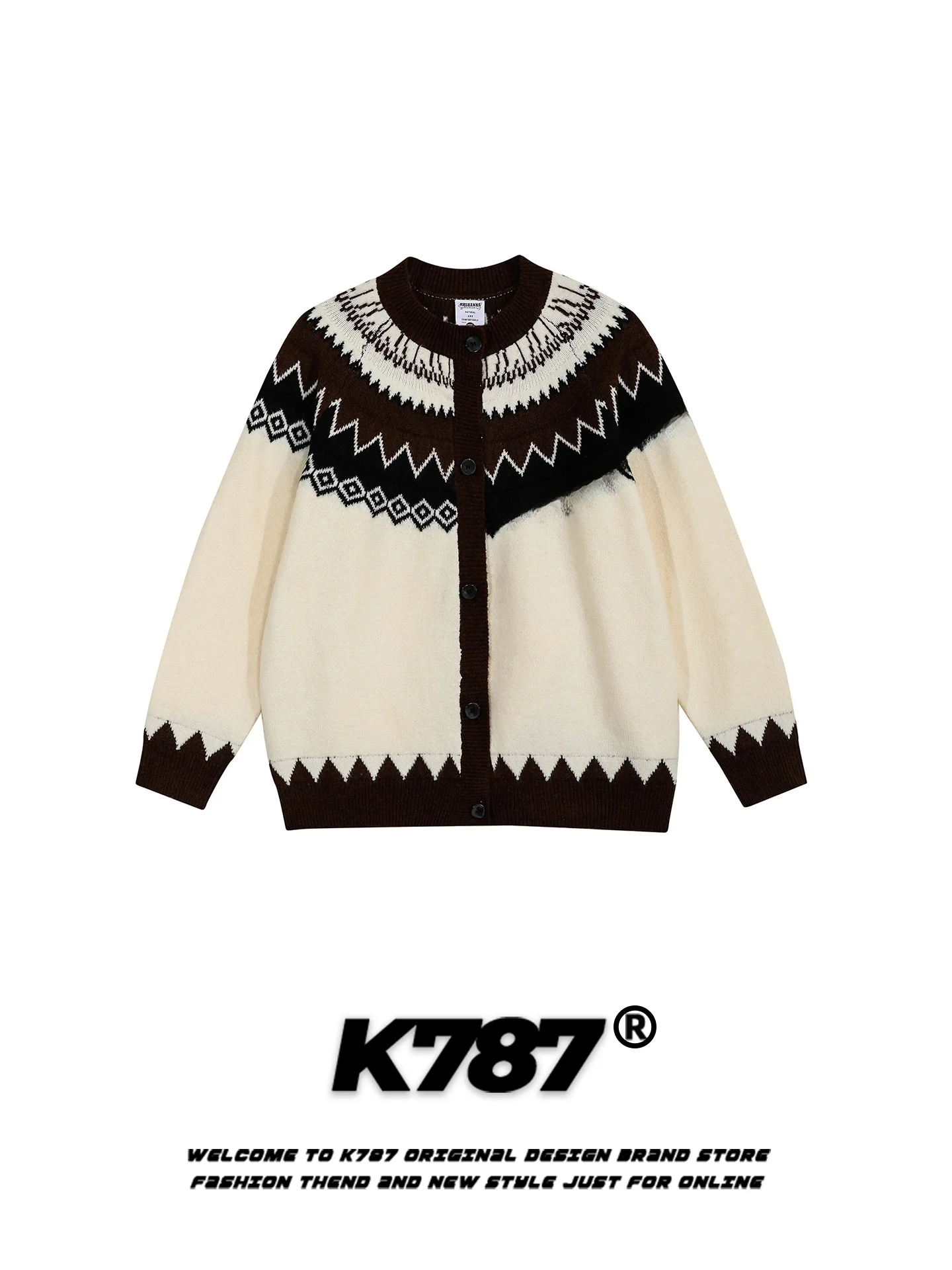 

Vintage American Fair Isle Knitted Cardigan Men's Women's Couple Sweater Outerwear Winter Casual Sle Long Sve round Ne