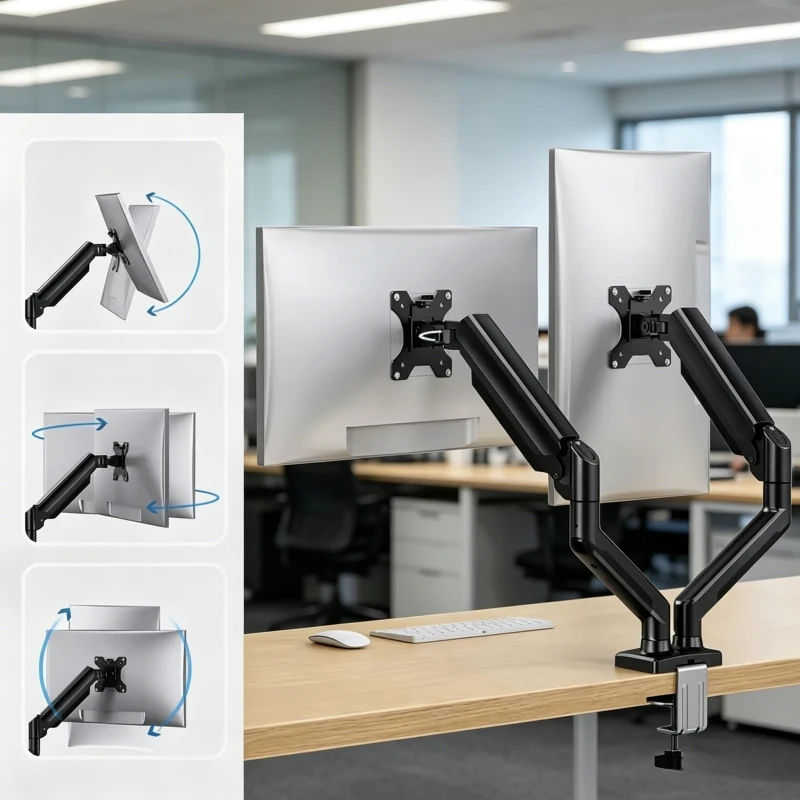Soporte de Escritorio Universal para Dos Monitores, Soporte Ajustable para Pantallas de 13-32 Pulgadas con Rotación Multiángulo para Oficina