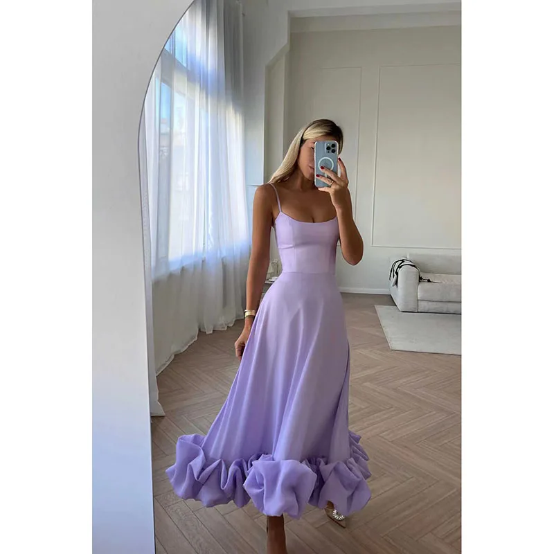 

Flower Big Hemline Evening Dress Sexy A-line Square Collar Camisole Pure Color Slim Figure-Flattering Texture Annual Party Gown