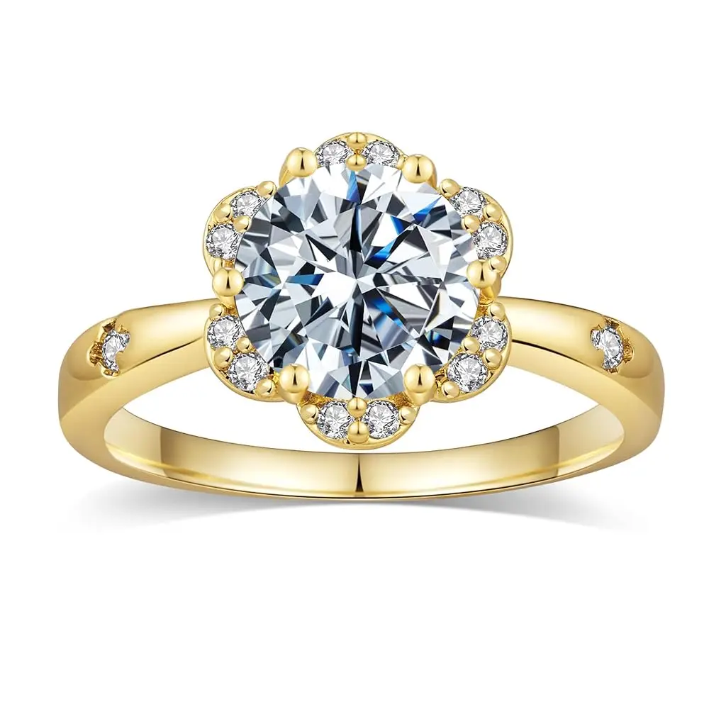 3CT Flower Shaped CZ Engagement Ring for Women, 18K Yellow Gold Plated Floral Solitaire Wedding Promise Band, Luxury Fine Jewelry for Anniversary & Holiday Gifts 6