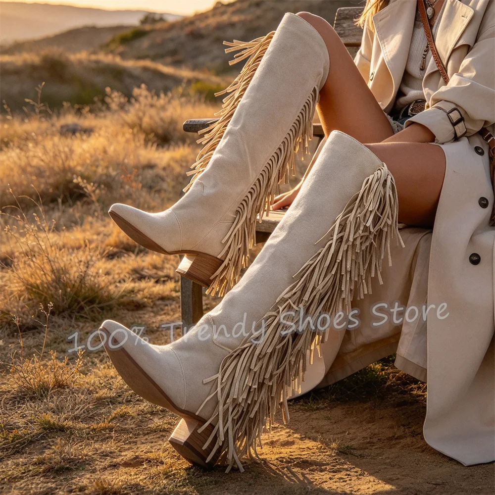 Fashion Tassel Decor Knee High Long Boots Women Pointed Toe Chunky High Heel Boots Wedding Party Dress Shoes Plus szie 36-47