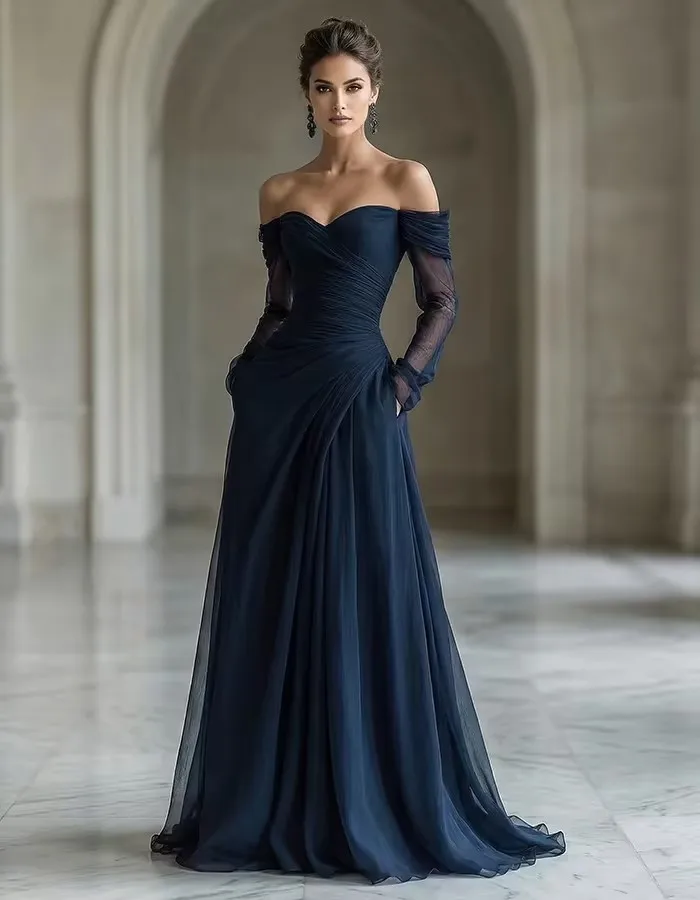 Verngo Navy Blue Tulle Evening Dress Off The Shoulder Full Sleeves A Line Pleated Prom Gown Women Party Gown Customized image 4