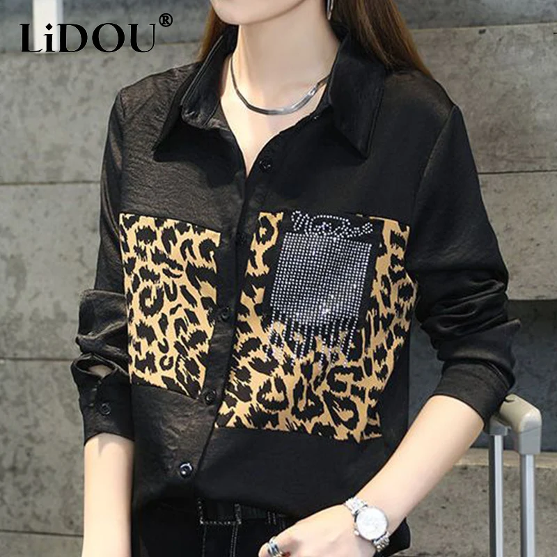 Spring Autumn Streetwear Leopard Printed Casual Fashion Blouse Ladies Long Sleeve Harajuku Y2K Cardigan Top Women Diamons Blouse