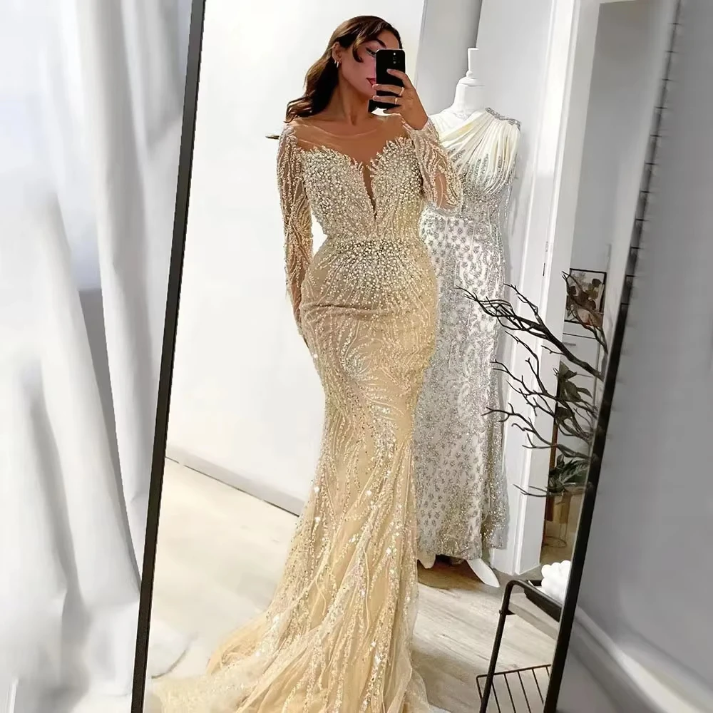 

Luxury Dubai White Nude Mermaid Evening Dresses for Women Elegant Long Sleeves Women Wedding Party Gowns LSZ111