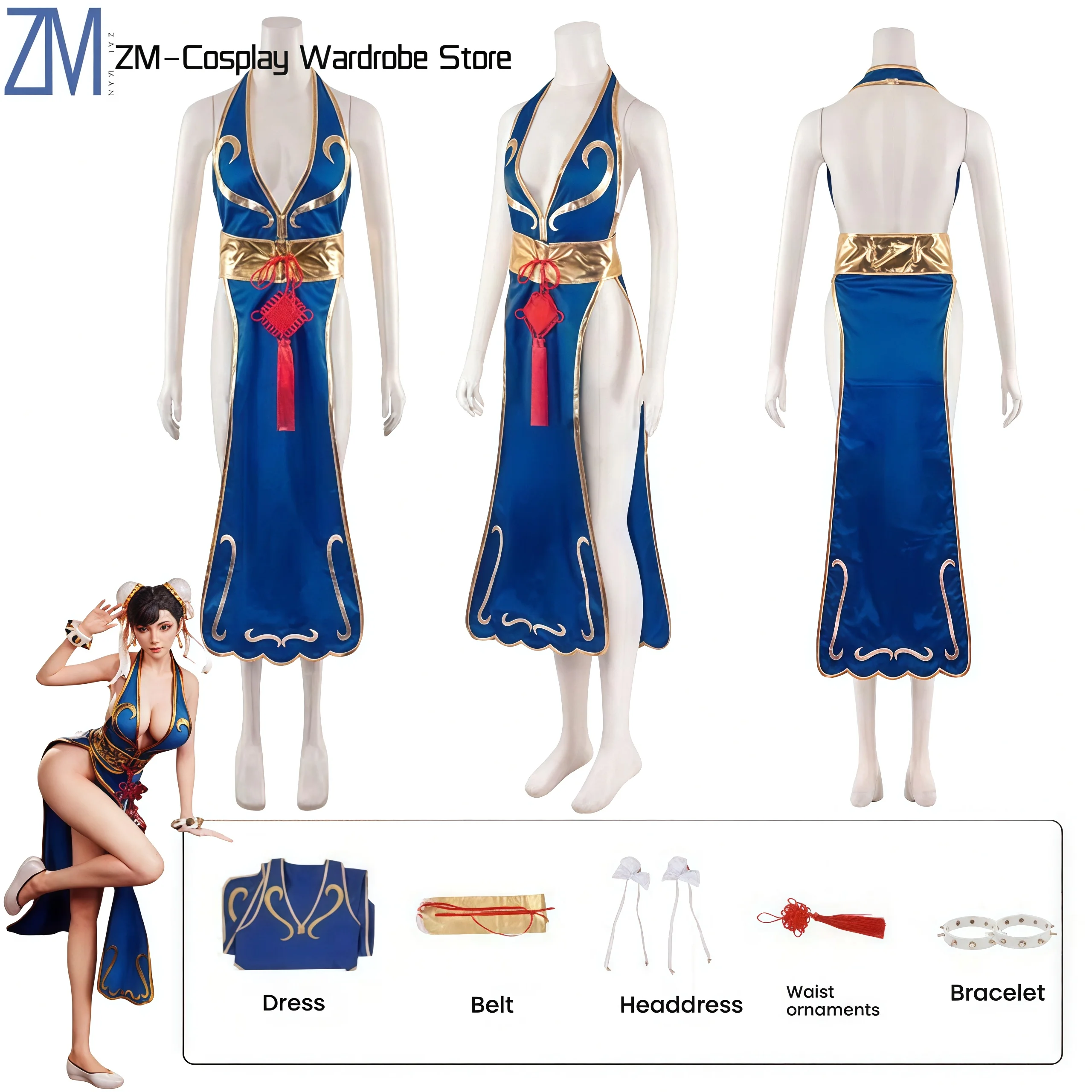 

Game SF Chun Li Cosplay Dress Costume New Skin Cos Anime Chunli Bracelet Wig Role Play Shoes Blue Qipao Outfit Halloween Party