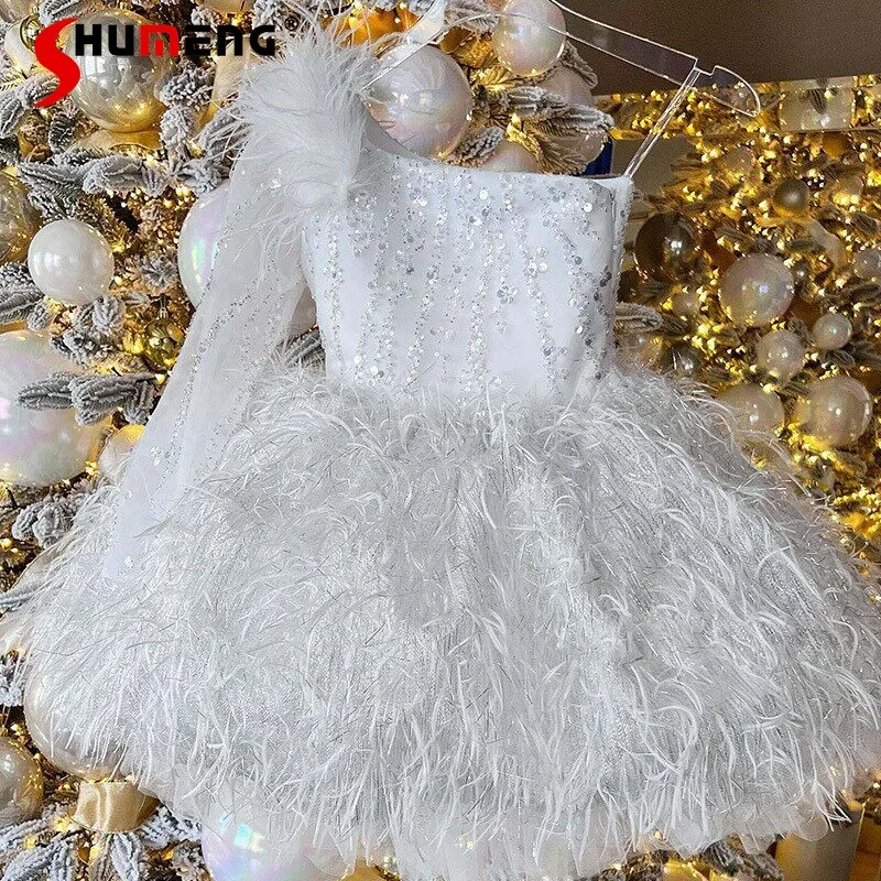 

Детское вечернее платье принцессы для девочек, праздничное платье для выступления на фортепиано, высококачественное пышное белое платье с цветами