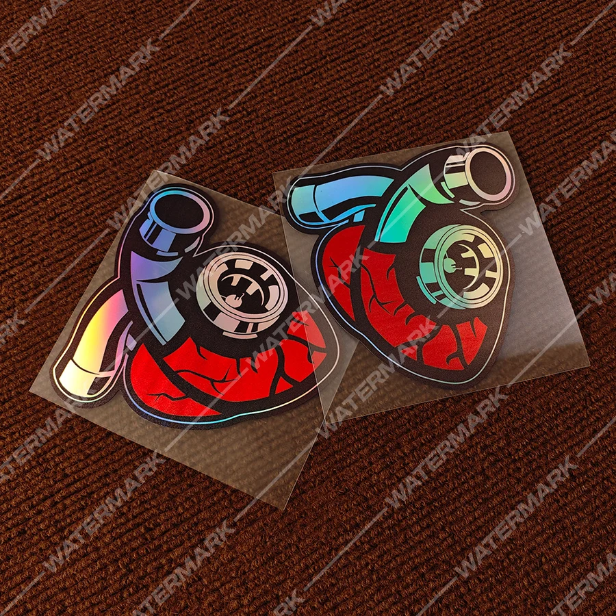 2pcs/set Holographic Turbo Heart Sticker Set JDM Style Waterproof Vinyl Decals Red Iridescent for Motorcycle Car & Bike Decor