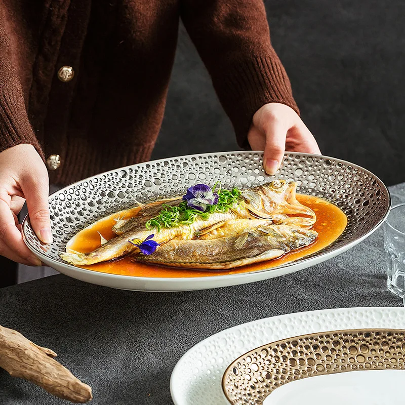 Global Stone Round Pattern Ceramic Fish Plate Creative Oval Dish Non Slip Tableware Luxury Gold Serving Tray