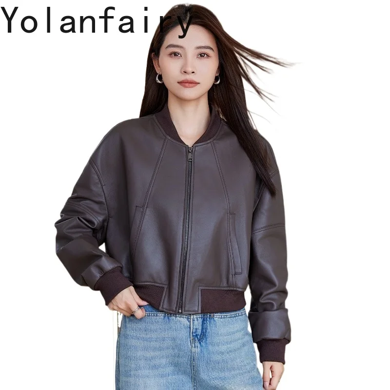 YOLANFAIRY Genuine Leather Jacket Women Cropped Vintage Real Sheepskin Coat Versatile Korean Fashion Baseball Biker Coats Casaco
