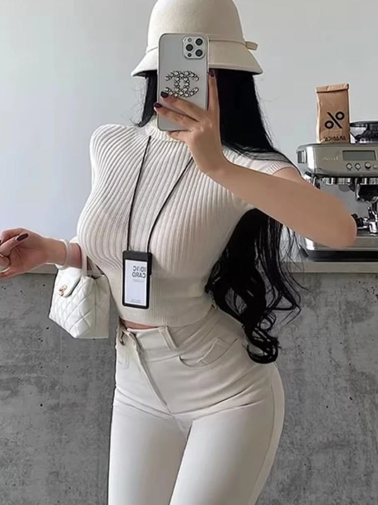 Korean Style Slim Fit Figure Flattering Crop Top 2026 Spring Autumn Turtleneck Women Sweater Short Sleeve Stretch Knit Pullover