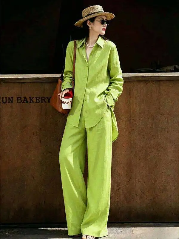 

Cotton Linen Inspired Loose Fit Casual Sporty Set Green Polyester Fiber High Waist Long Pants Shirt Style Spring Summer Fashi...
