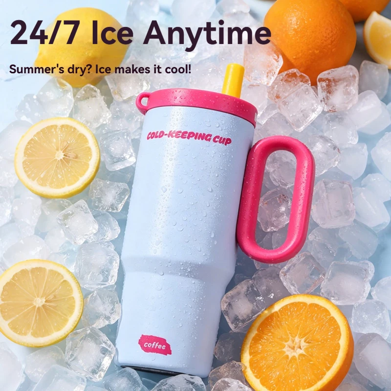 720ML Car Travel Outdoor Water Bottle Stainless Steel Thermos Cup with Straw & Handle Ice Coffee Drink Vacuum Insulated Cup