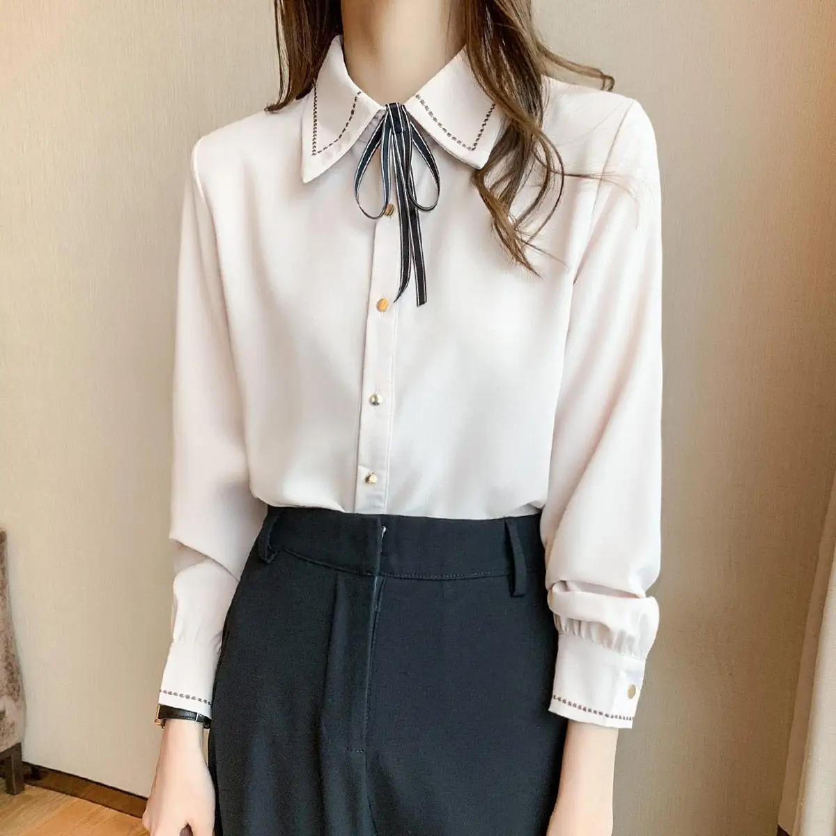 Women's Chiffon Shirt Women's New Long Sleeve Top Bottom Small Shirt Fashionable Western Style Shirt