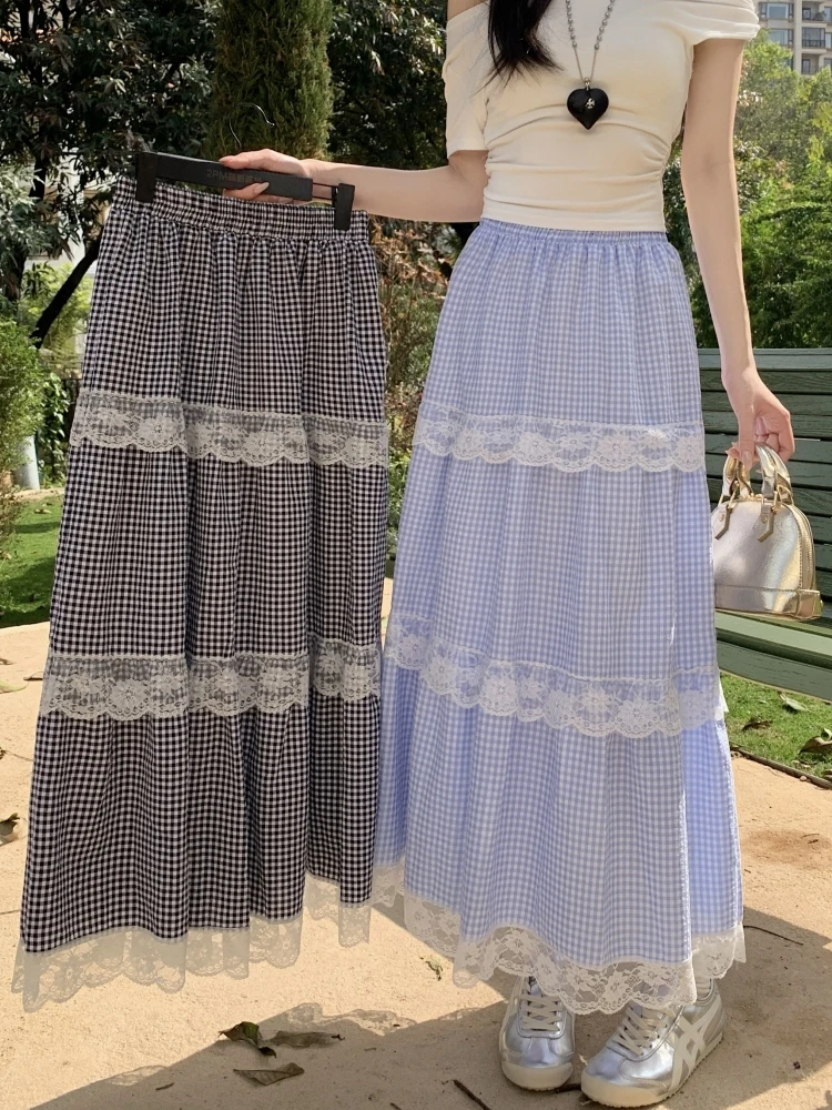 Midi Long Skirt Women Crochet Lace Skirt 2025 Japan Style Lolita Spring Summer High Waist High Low Ruched Lace Plaid Skirts rok