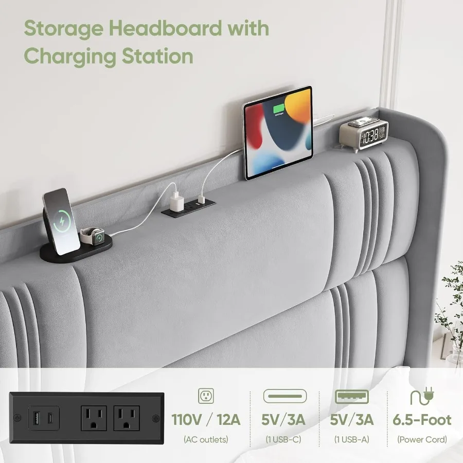 إطار سرير كوين مع لوح رأسي طويل 52 إطار سرير بمنصة منجدة مع محطة شحن إطارات سرير مخملية فاخرة منحنية #4
