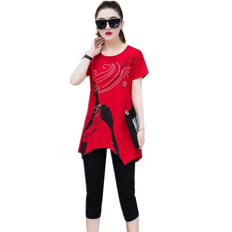 

UHYTGF Loose size Two Piece Set Summer Clothes For Women Fashion printing tracksuit women 2 piece set Short sleeve Tops Pant 689