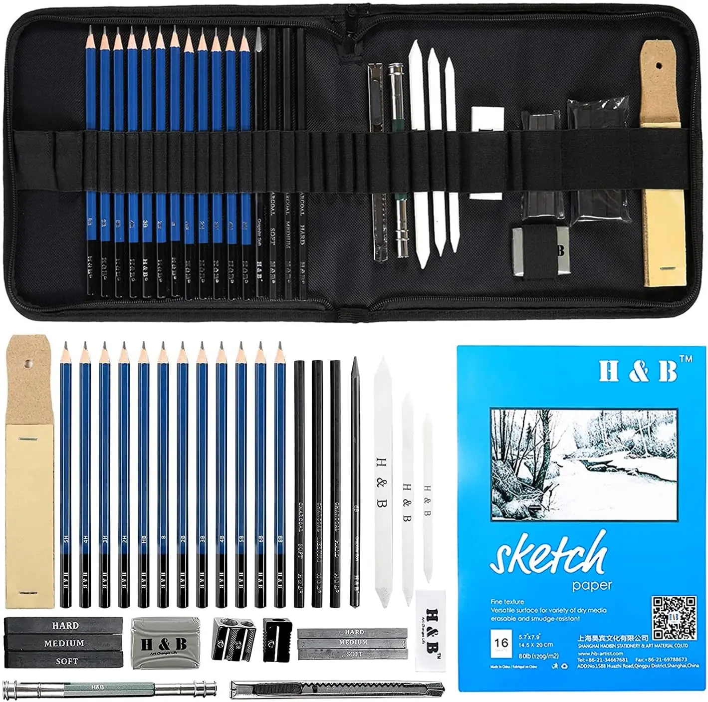 New 33 pcs Drawing and Sketching Pencil Set in Zipper Carry Case with Graphite Charcoal Sticks Tool Sketch book for Adults Kids