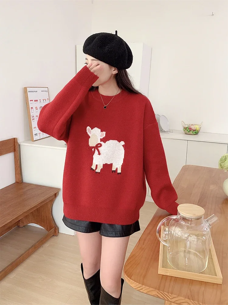 Women Christmas Red Pullover Cashmere Sweater Harajuku Y2k Long Sleeve O-Neck Knitted Sweaters Vintage 2000s Clothes Autumn 2024