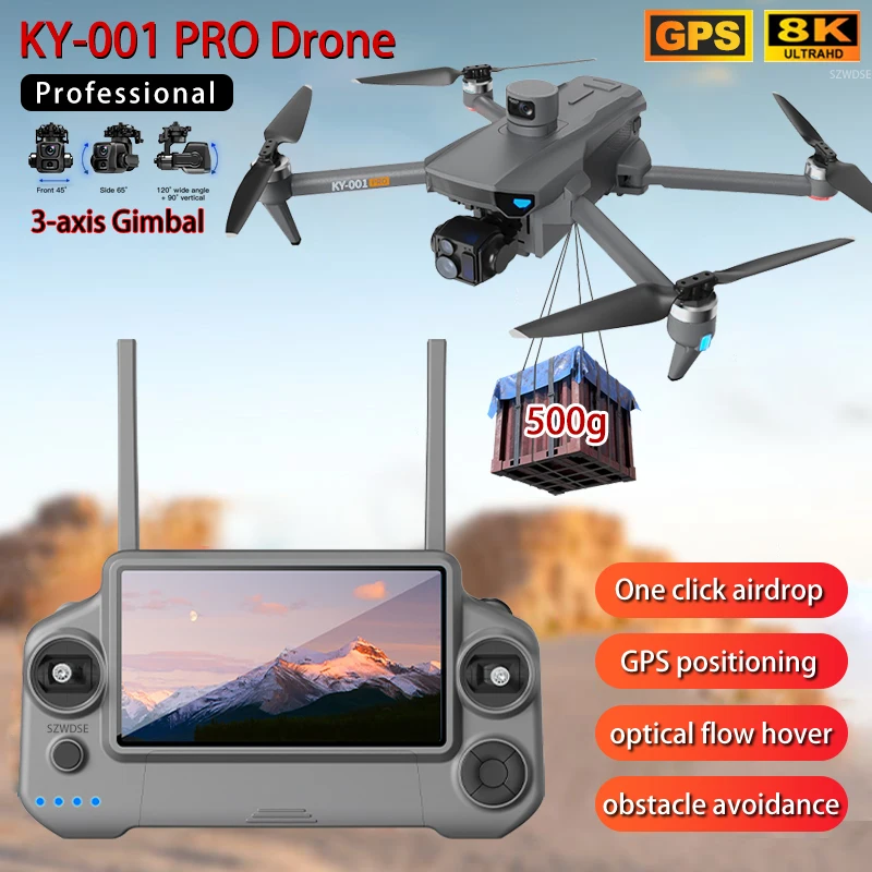 NUEVO Dron KY001 PRO 8K GPS con Gimbal de 3 Ejes, Pantalla Táctil de 5.5 Pulgadas, Quadcopter RC con Evitación de Obstáculos, Juguete Quadcopter, Regalo para Niños