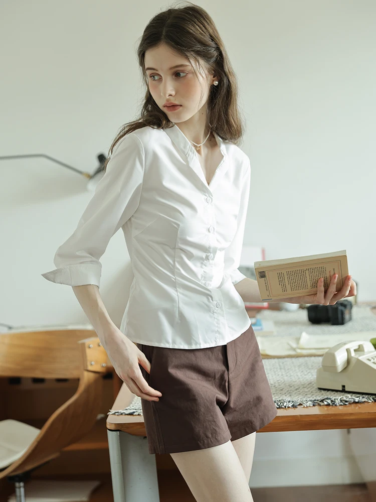 

Anti-Wrinkle Slimming White Casual irt Women's Spring New Sle Waist-Cinching Korean Version Faionable All-Match irt